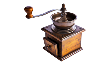 Coffee grinder hand crank wooden vintage, (clean modern detail, transparent isolated background	
