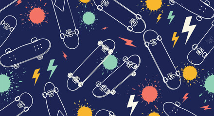 Skateboarding mania backdrop showcasing vibrant skateboards and lightning bolts pattern © Elsa