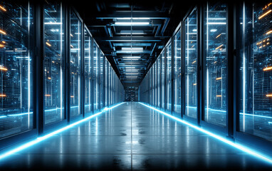 Modern Data Center with Rows of Server Racks and Bright Lights