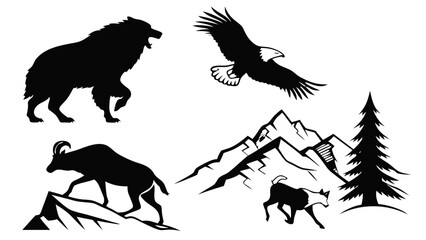 Horse and Rider Silhouette Sticker Set – Wild Horse, Mustang, Cowboy on Horse, Running Herd and Reindeer, Black Vector Icons for Logos, Outdoor Brands and T-shirt Designs