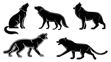 Wild Canine and Feline Silhouette Sticker Set – Wolf, Fox, Coyote, Lynx, Mountain Lion – Black Vector Icons for Outdoor Brands, Adventure Logos, and T-Shirts