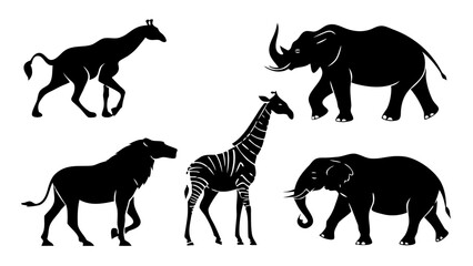 Safari Animal Silhouettes Sticker Set – Elephant, Giraffe, Rhino, Zebra, Buffalo in solid black vector icons with white borders, aligned collection for logos and t-shirts