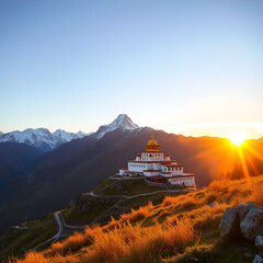 Picturesque view of the Key Gompa Monastery (4166 m) at sunrise. Spiti valley, Himachal Pradesh, India.