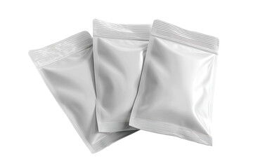 Three white plastic pouches, likely for food or other products, stacked.  The pouches have a slightly glossy, smooth texture.  Zipper-style closures are visible.  Black background