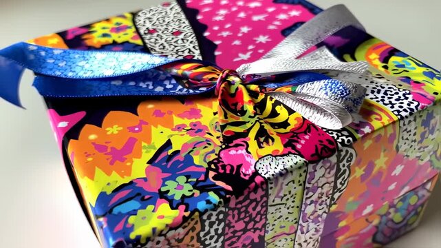 Colorful gift box with vibrant wrapping paper and ribbons