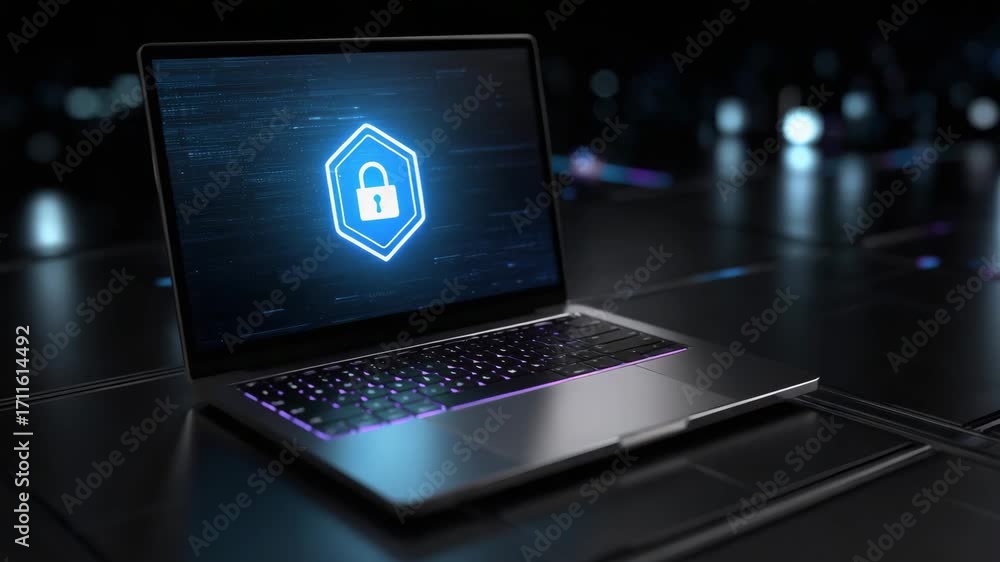 Poster a sleek laptop displaying a digital lock symbol, representing cybersecurity and online protection in