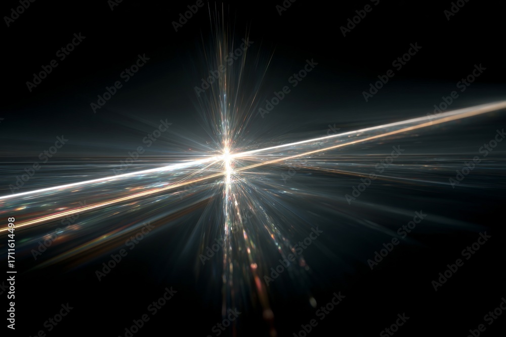 Poster abstract light beams converging and creating a bright flash on a black background