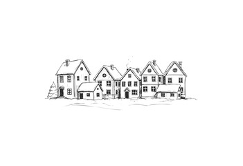 Charming snowy village scene with quaint houses in black and white sketch art style - stock vector