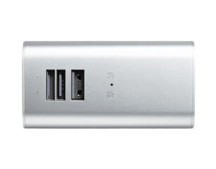 Slim Silver USB-C Hub with Ports, Top-Down Flat Lay, isolated on transparent background.