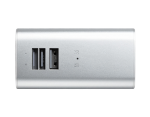 Slim Silver USB-C Hub with Ports, Top-Down Flat Lay, isolated on transparent background.