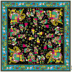 Colorful Abstract Folk Art Scarf Vector with Animals and Floral Motifs