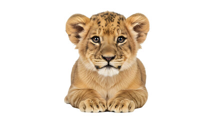 Obraz premium Adorable lion cub portrait with a curious expression against a showcasing its playful nature and innocent charm for wildlife enthusiasts