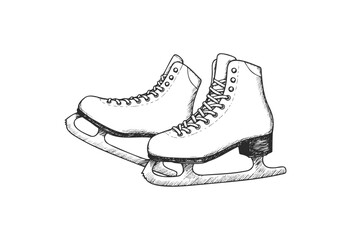Sketch of classic ice skates in black and white line art - stock vector