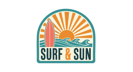Vintage surf and sun logo with surfboard and waves for summer vacation vibes design