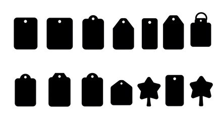 Black Tag and Keychain Shapes on White Background, Ten Solid Black Shapes Arranged in Rows, Minimalist Flat Lay of Black Tags, Top and Bottom Row Arrangement of Shapes, Isolated Black Shapes for Desig