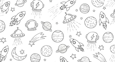 Fun cosmic adventure awaits with this whimsical galaxy themed seamless pattern design