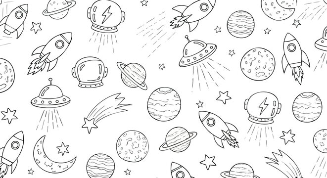 Fun cosmic adventure awaits with this whimsical galaxy themed seamless pattern design