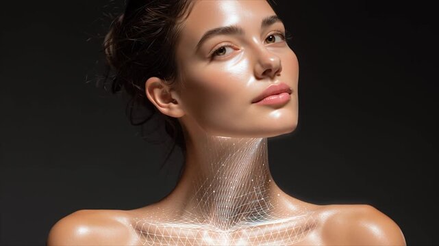 Cosmetic technology scene, holographic infographic mapping elasticity across cheek, wellness ad