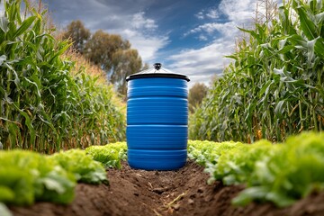 Blue water barrel in lush agricultural field between rows of corn and lettuce