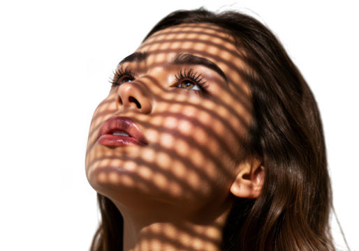 Woman looking up with patterned light face on transparent background