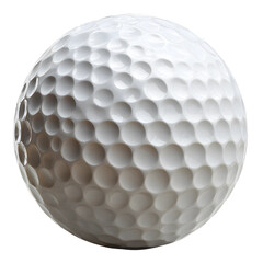 Close-up macro view of a bright white dimpled golf ball on a plain background isolated on a white or transparent background