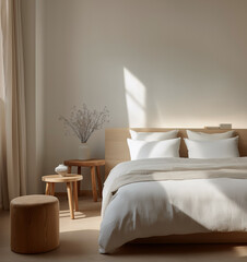 minimalist bedroom with white walls and light wood furniture, featuring a bed with crisp linens, two wooden side tables, and soft lighting.