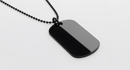 Fototapeta premium Black Dog Tag Pendant on Matching Chain, Glossy Rectangular Dog Tag with Rounded Corners, Sleek Black Pet Tag Necklace Close-Up, Polished Reflective Dog Tag Accessory on White Background, Modern Black