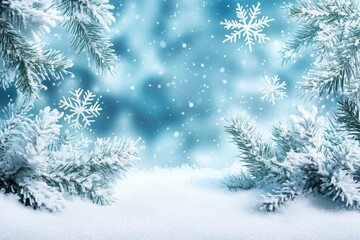 Snowflakes falling with frosty winter background and pine branches