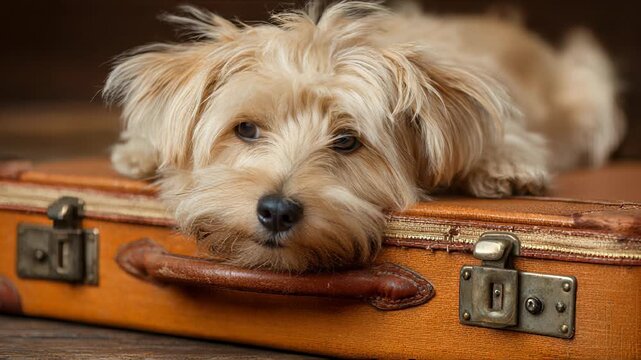 Cute Havanese Puppy Resting Head on Vintage Suitcase, Travel Companion, Pet Portrait, Adorable Dog, Waiting for Adventure