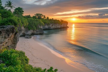 Golden sunset over tropical beach with cliffs ocean water reflections