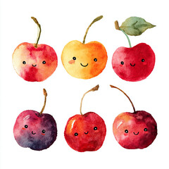 Cute Watercolor Kawaii Cherries with Smiling Faces and Leaves
