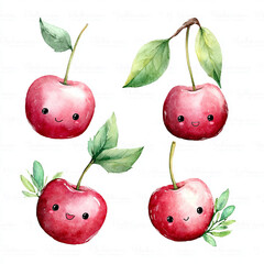 Cute Watercolor Kawaii Cherries with Smiling Faces and Leaves
