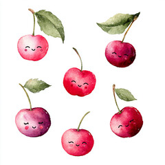 Cute Watercolor Kawaii Cherries with Smiling Faces and Leaves