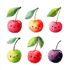 Cute Watercolor Kawaii Cherries with Smiling Faces and Leaves