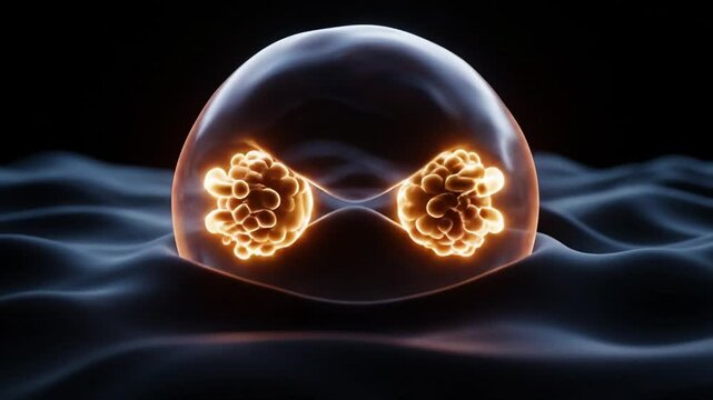 Stunning 3D medical animation of glowing biological cells or human mammary gland structures encapsulated in a translucent sphere against an abstract dark wavy b