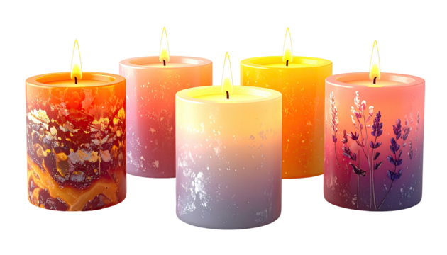 Group of decorative candles in varying colors and designs - Powered by Adobe