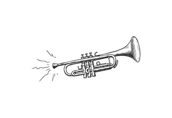 Naklejka premium Hand-drawn sketch of a trumpet with sound illustrations - stock vector