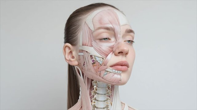 Female Head Demonstrating Accurate Muscle Fibers on One Hemisphere and Healthy Skin Tone on Opposite Side