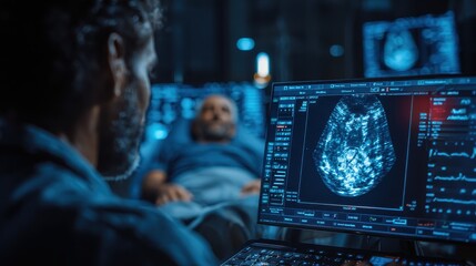 Man receiving an ultrasound exam in the hospital by a doctor in blue scrubs