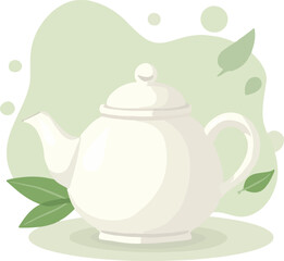 Minimalist Vector Illustration of Teapot with Green Leaves in Organic Style