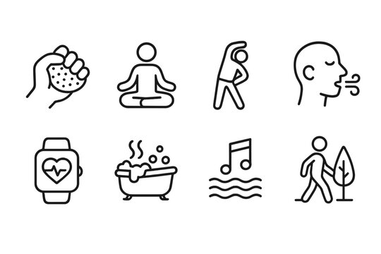 Wellness and relaxation linear icon set. featuring stress ball, yoga, stretching, breathing, smartwatch, bath, music, walking