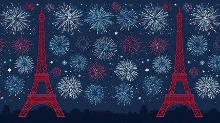 Two red Eiffel Towers and multiple colorful fireworks on a dark blue background Transparent