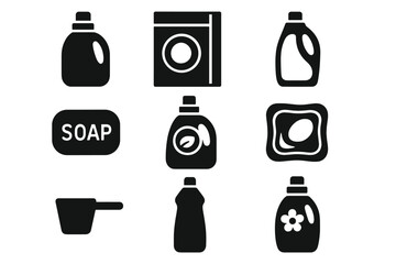 Fototapeta premium Laundry supplies silhouette icon set. featuring detergent, washing machine, soap, and fabric softener symbols