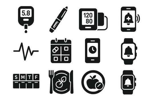 Health monitoring silhouette icon set. featuring glucose, pen, blood pressure, reminder, ecg, calendar, and smartwatch symbols