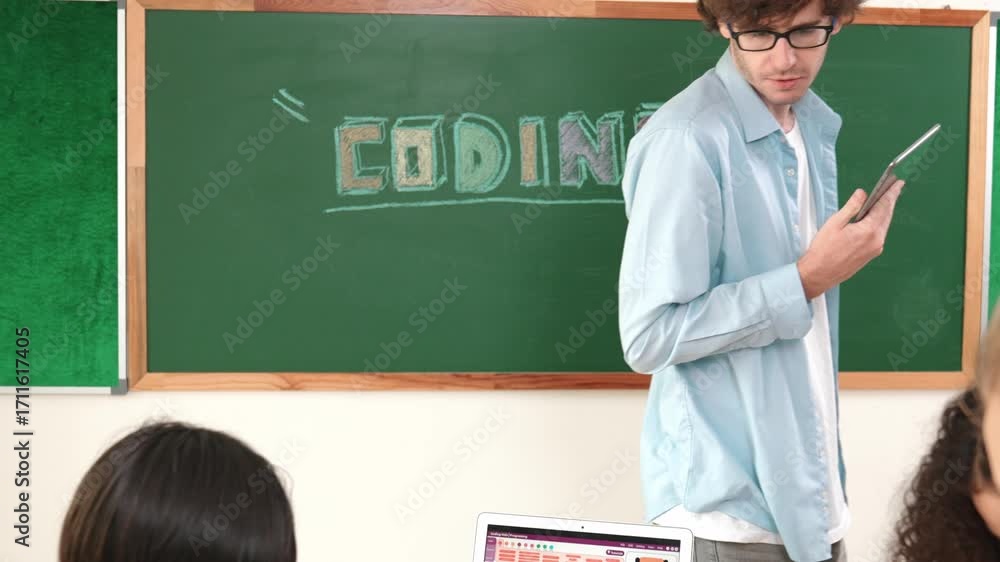 Poster group of diverse smart student working together on main board with laptop screen display engineering