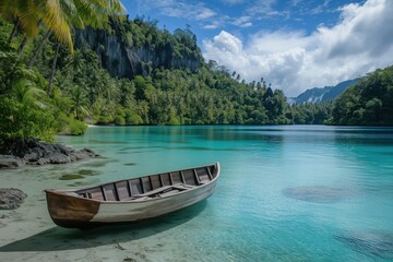 Wooden rowboat floating on turquoise tropical sea near lush island
