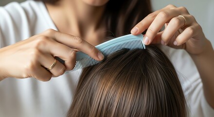Naklejka premium Tender Care: A Woman's Hands Gently Detangling Shiny Brown Hair with a Blue Comb