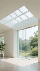 Fototapeta premium Modern interior space with large glass doors and skylight overlooking greenery