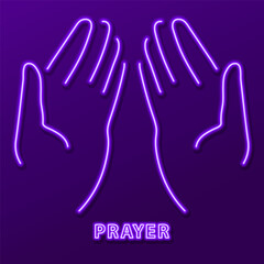 prayer hand neon sign, modern glowing banner design, colorful modern design trends. Vector illustration.