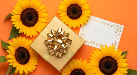 Beautiful arrangement of sunflowers and a golden gift box with a blank card on an orange background, perfect for celebrations and greetings
